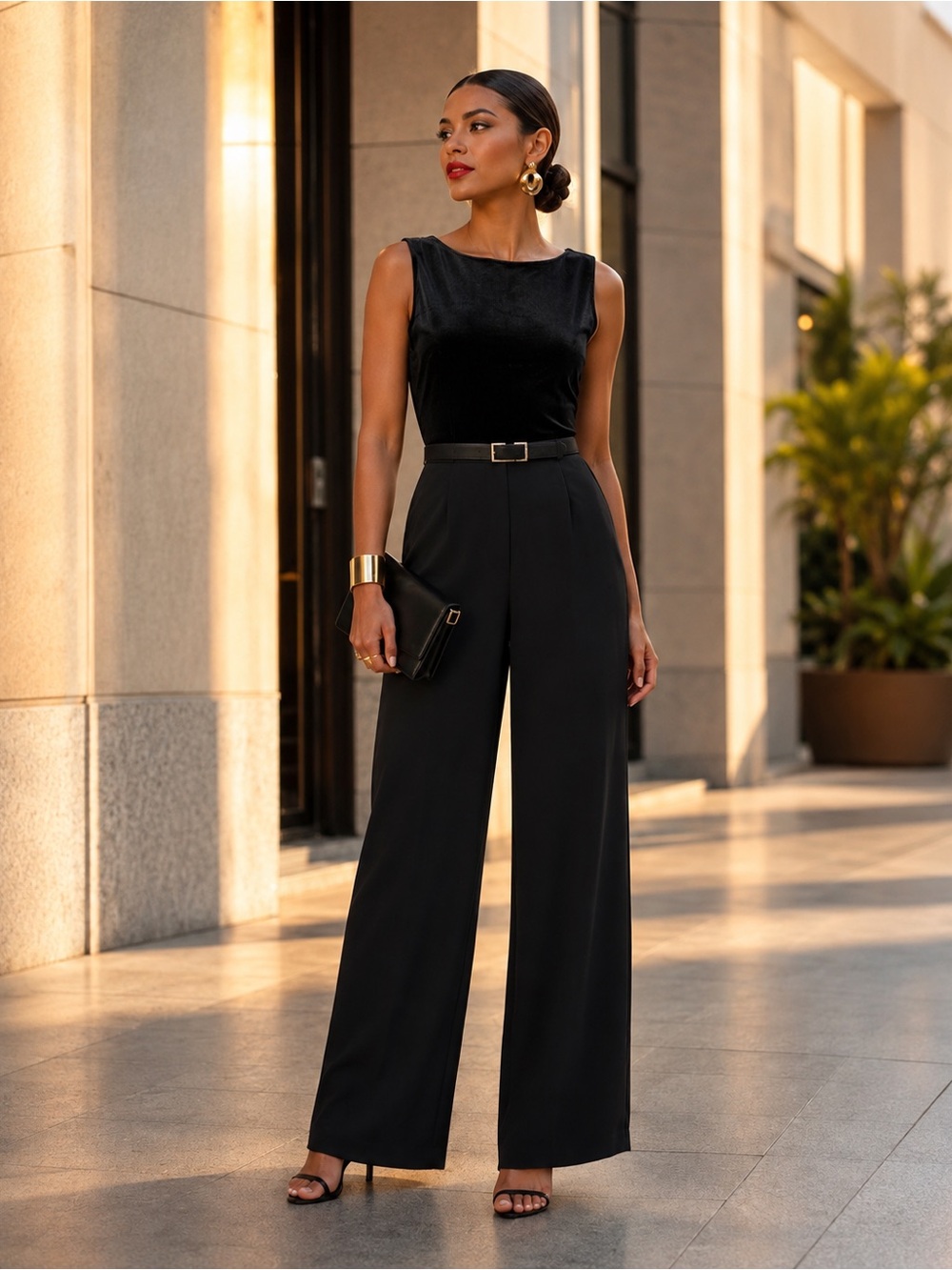 Ann Taylor Black Velvet Bodice Belted Wide Leg Jumpsuit